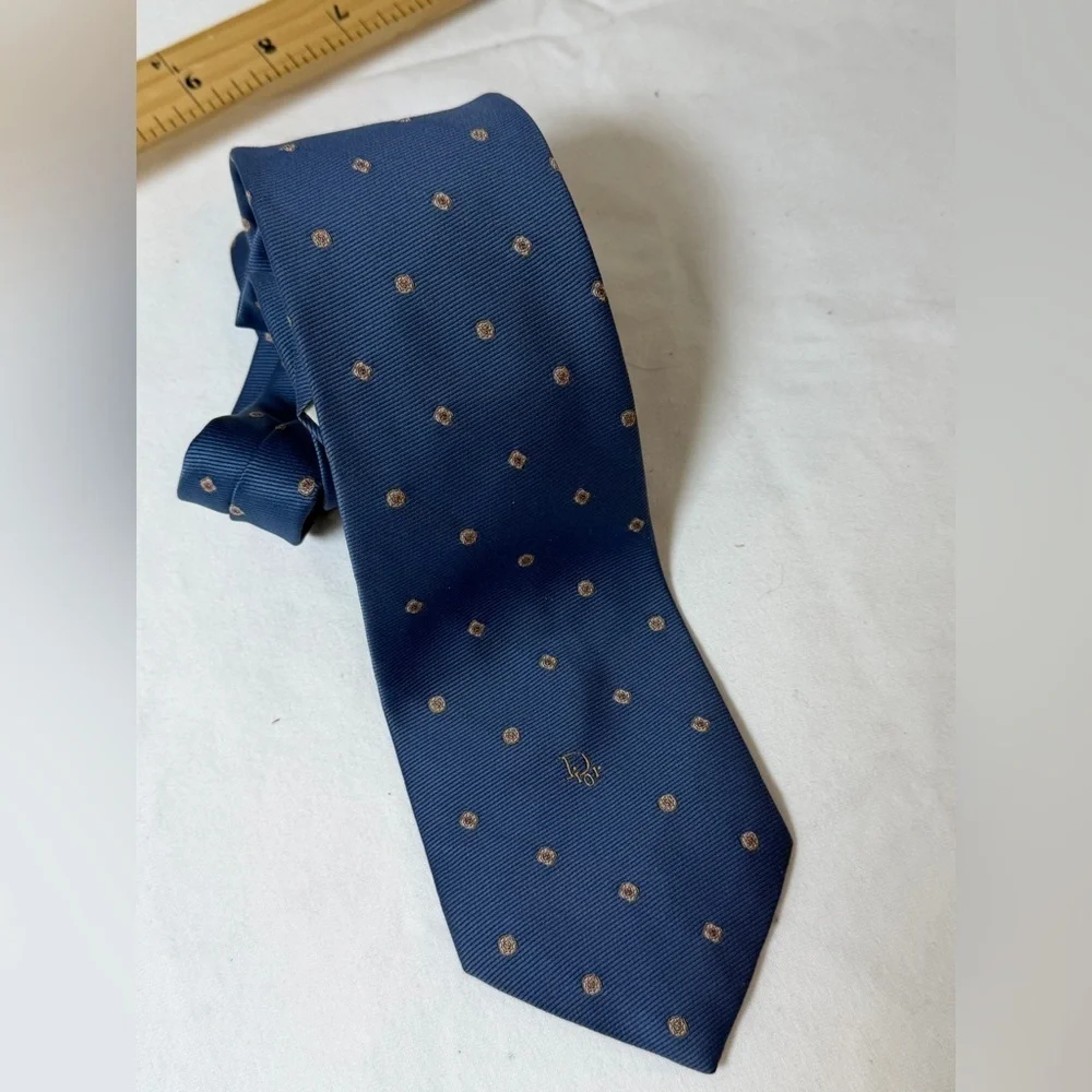 Classic Christian Dior Modern Width Navy Tie with Gold Accents and Dior Logo